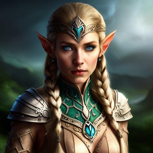 piercing blue eyes, female elf, green crystal, magic archer - AI ...