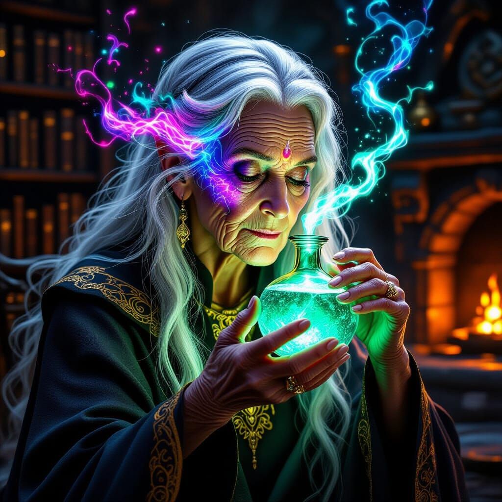 An ancient, wizened woman with long, flowing white hair and deep wrinkles around her eyes and mouth is depicted in the act of drinking a lum...