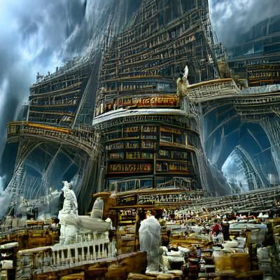 Magnificent realistic fantastical library towering, grand, a...