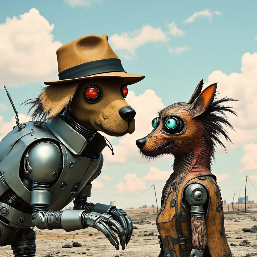 <lora:Fedora Dog:1.0>
Scene from a surreal 80s experimental non-lieu sci-fi B-movie featuring a scruffy looking anthropomorphic robot dog we...