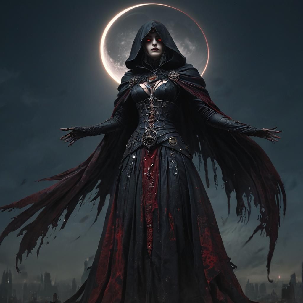 The Starlight Priestess, cloaked in tattered black Gothic steampunk attire, stands on a pulsating ritual disk. Shadows twist around her as t...