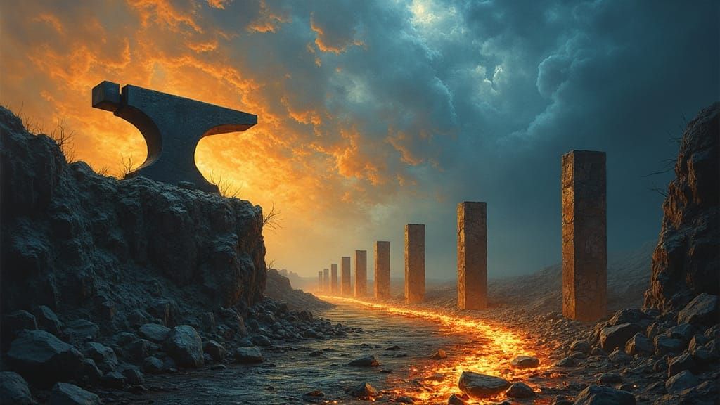 An oil painting of a twilight forge set in a mythical landsc...