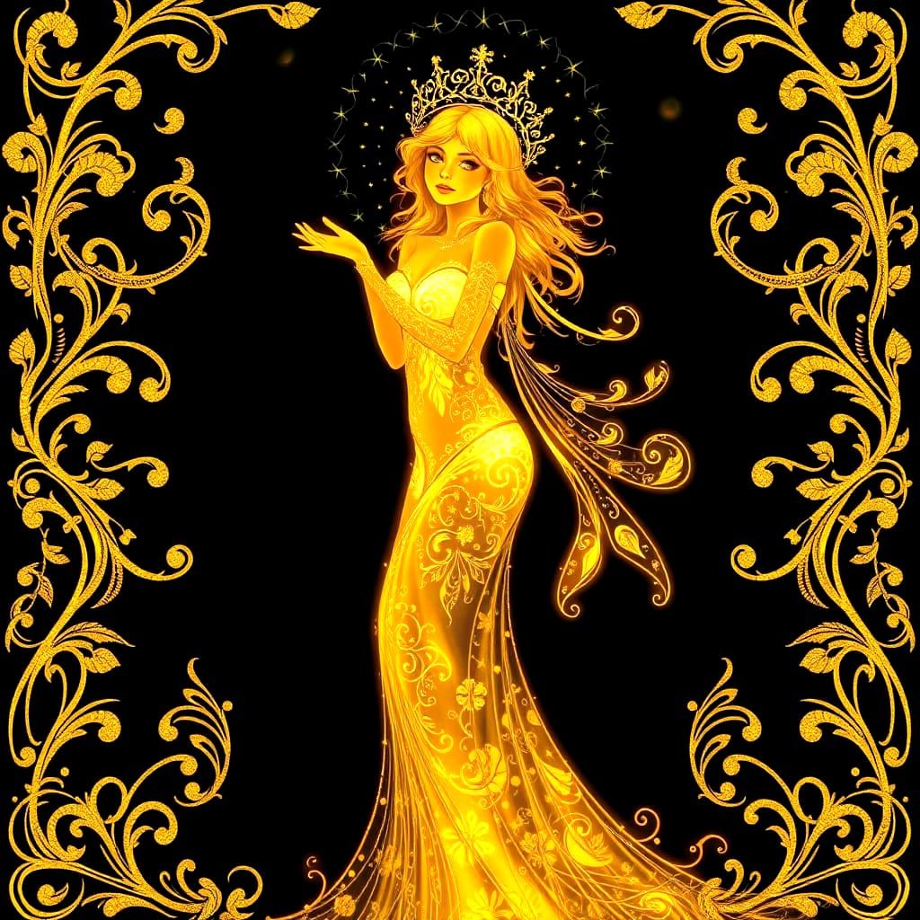 A  beautiful maiden that is bioluminescent and ethereal, with filigree, and a black background filled with golden designs of filigree. The b...
