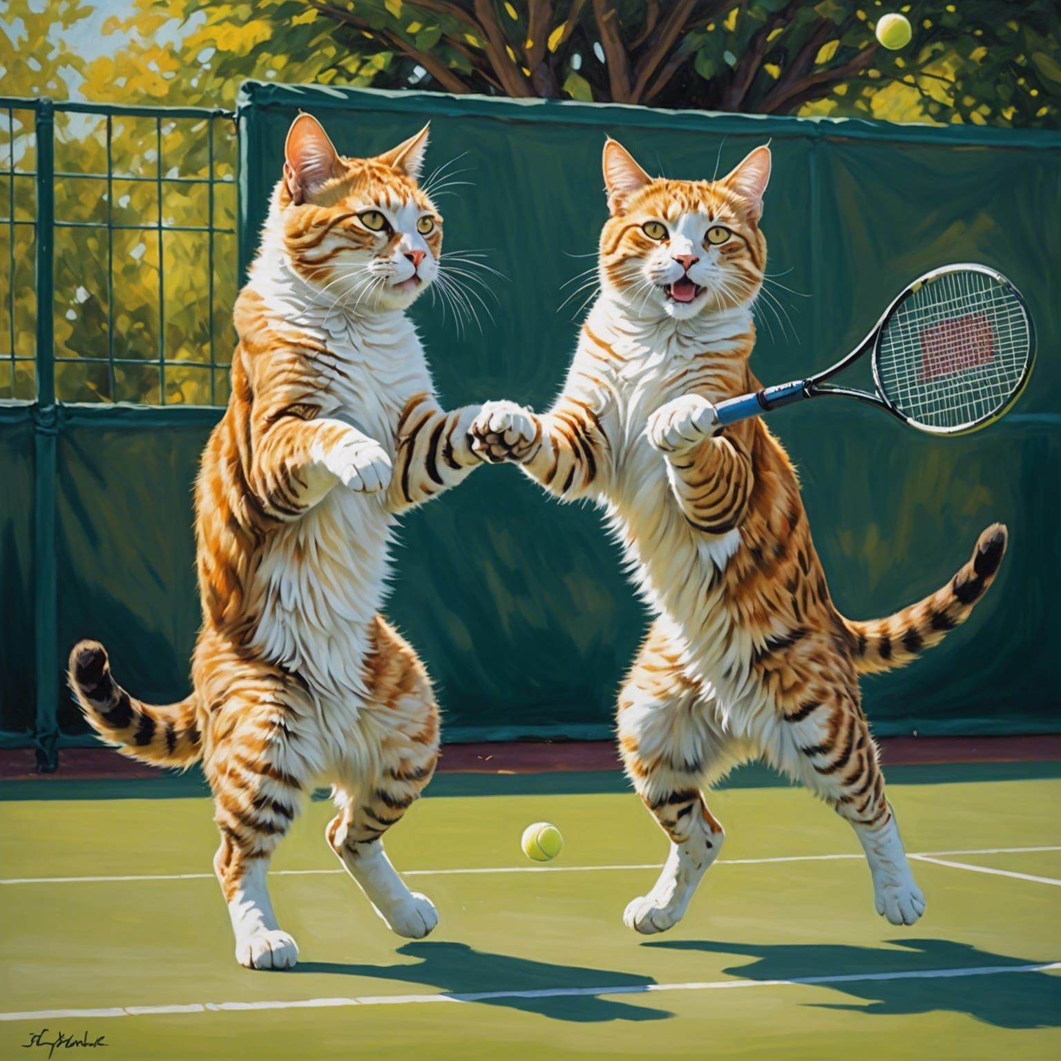 Two graceful felines engaged in a joyous game of tennis.
