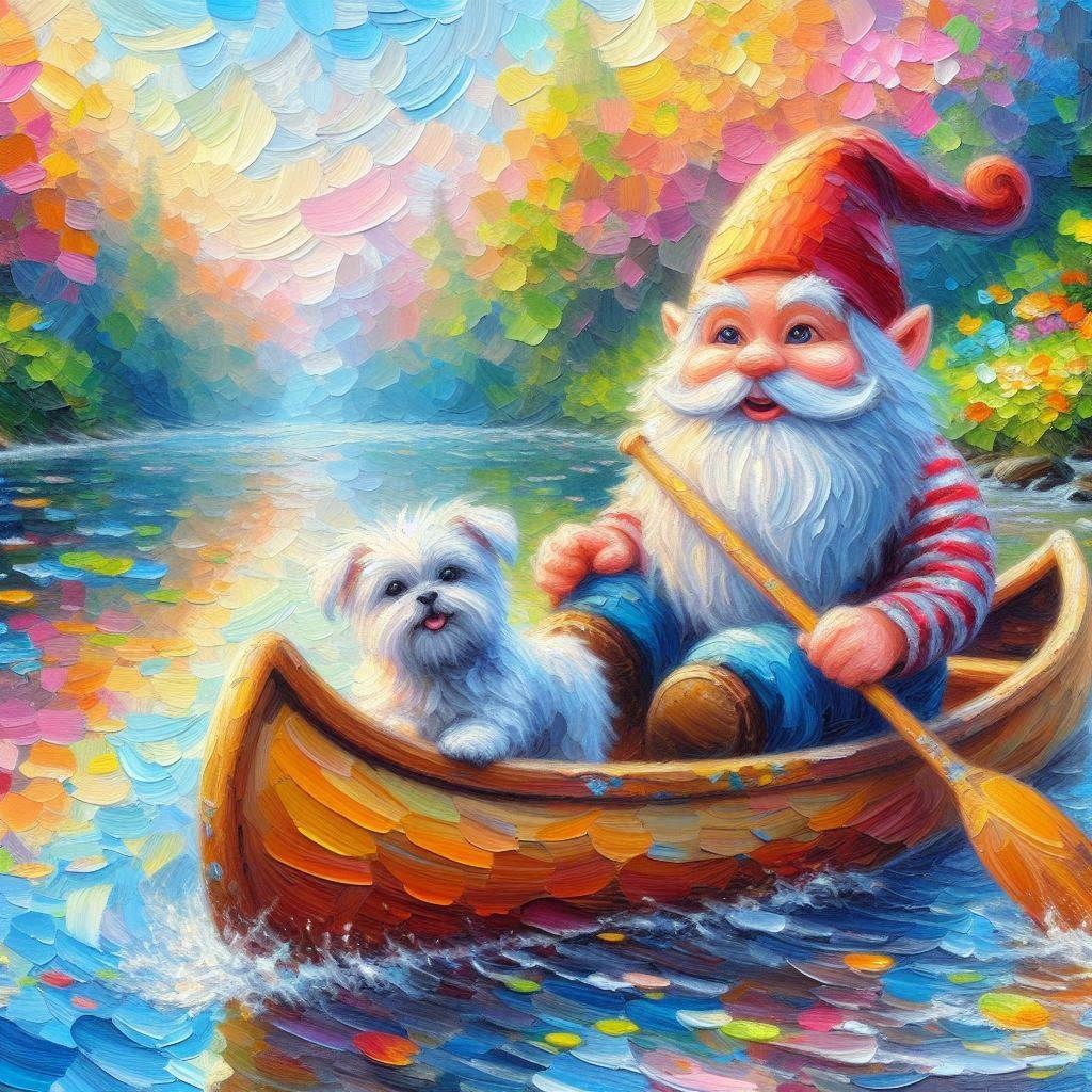 Gnome out canoeing with his little dog