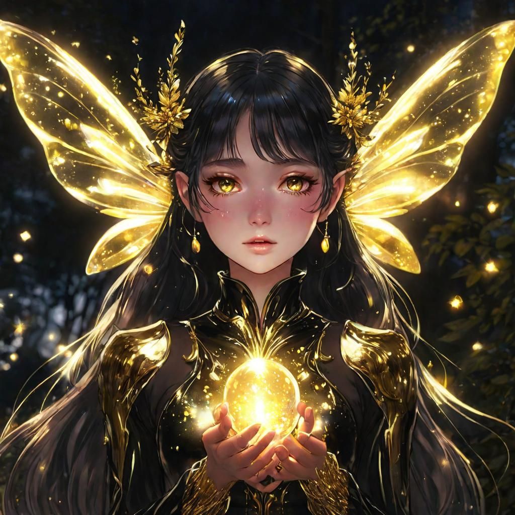 && Clear coat imagery twinkling dark nighttime fairy upper body portrait fairycore gold light_orbs, Glassy ...  by @Tgr22