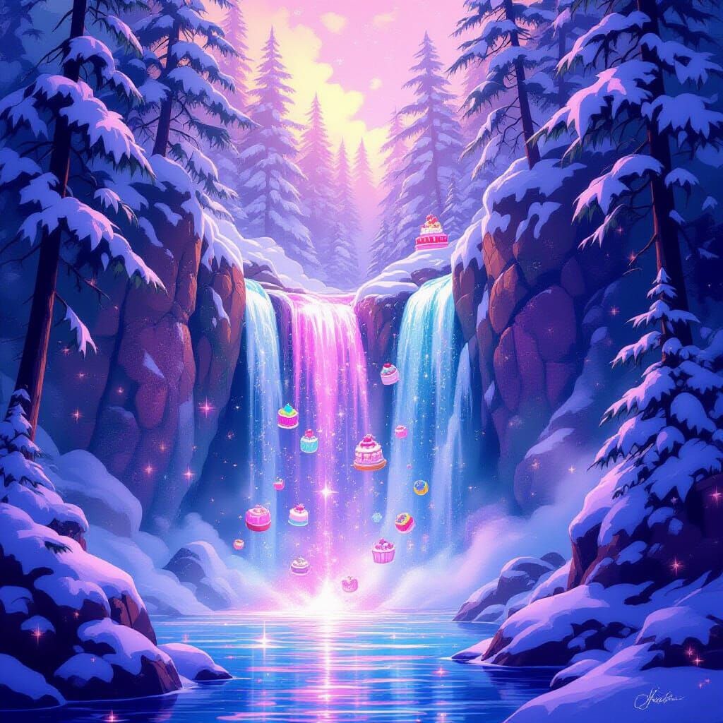 A beautiful pink and blue sparkling waterfall in a crevice with large snow dusted pine trees on either side with magical colourful sweets an...