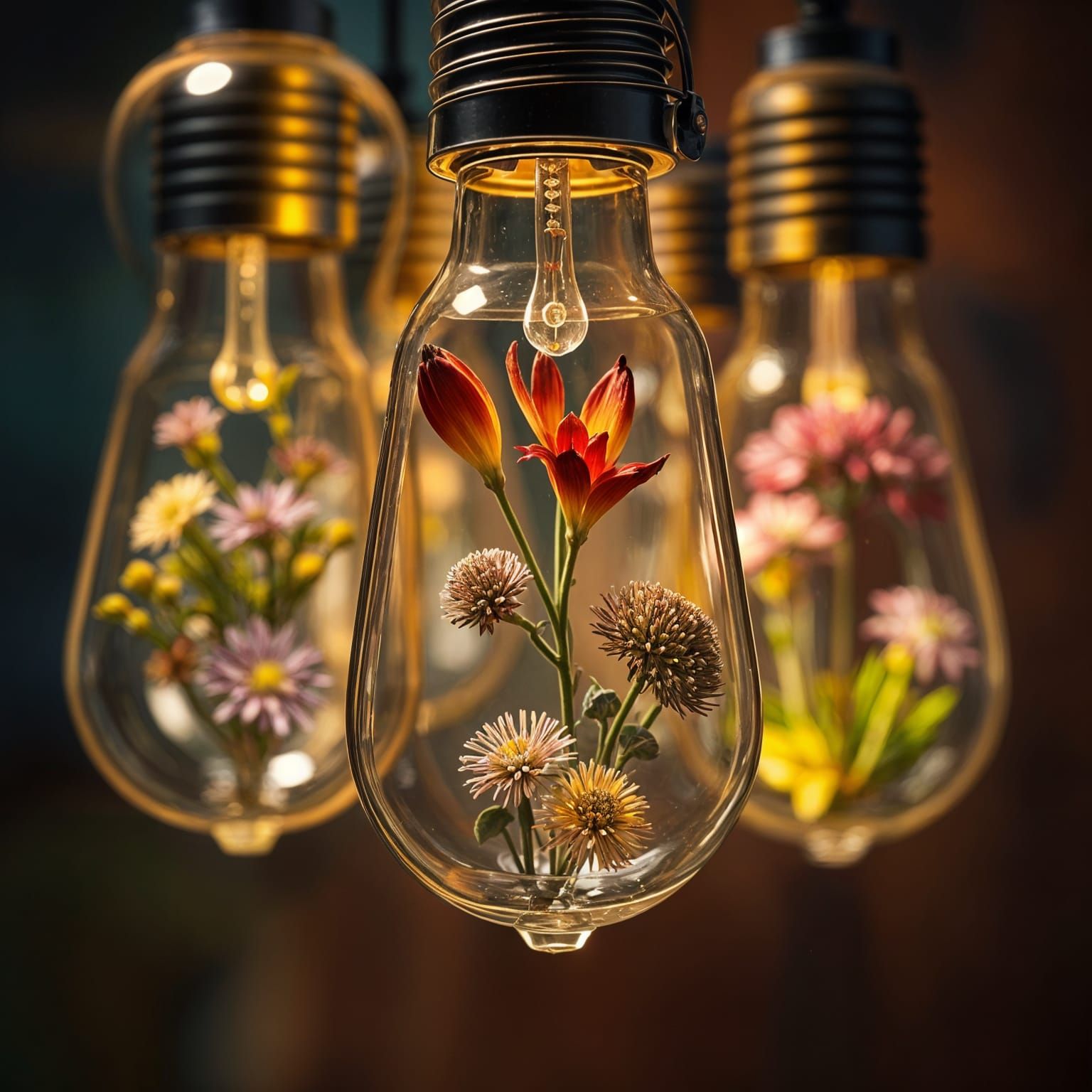 Inside each light bulbs are red kangaroo paw plant, flannel flowers, grevillia and banksia australian ...  by @jnatas