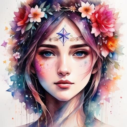 Portrait, beautiful flower crown, watercolour, circle, sharp focus, 64 megapixels, perfect composition, crisp resolution <lora:Halo:0.7> 