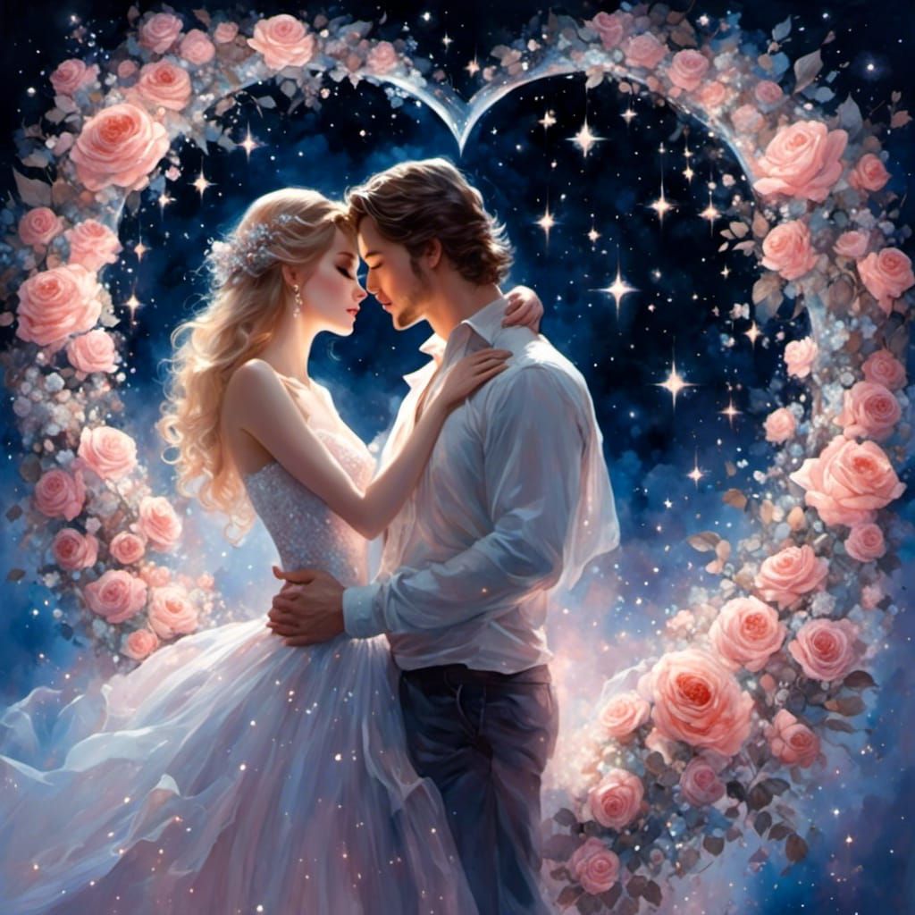 <lora:Extremely Yumi 2:1.0> Falling in love : a cute couple in love in the stars, a translucent diamond rose  hyper-detailed, hyper-realisti...