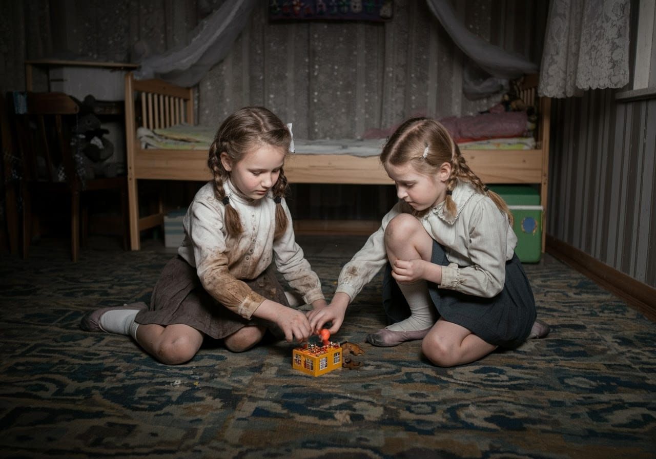 Two Young Girls Playing in Children's Room