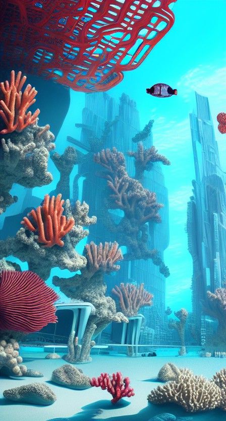 A  futuristic city underwater with corals and fishes+digital...