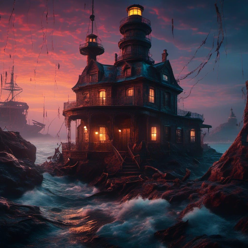 <lora:Steeby Style:1.0>A kracken having tea by a light house