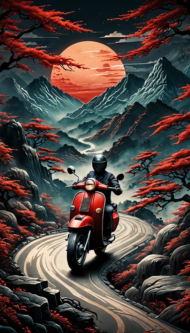 A traditional Japanese red and black tattoo of the retro scooter on the curvy mountain road, top angle, Japanese tattoo, picture, drawing 