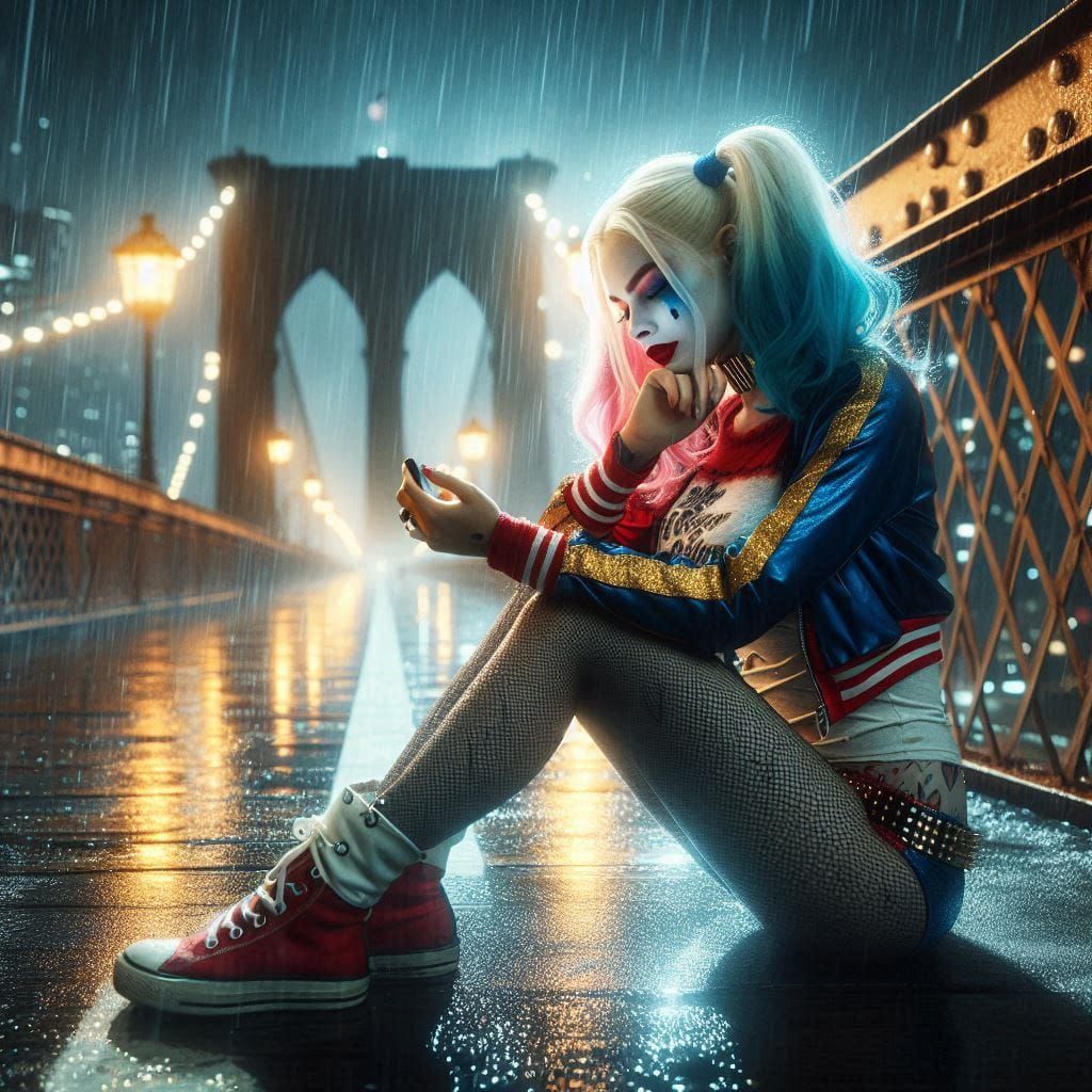 Харли Квинн сидит под дождем