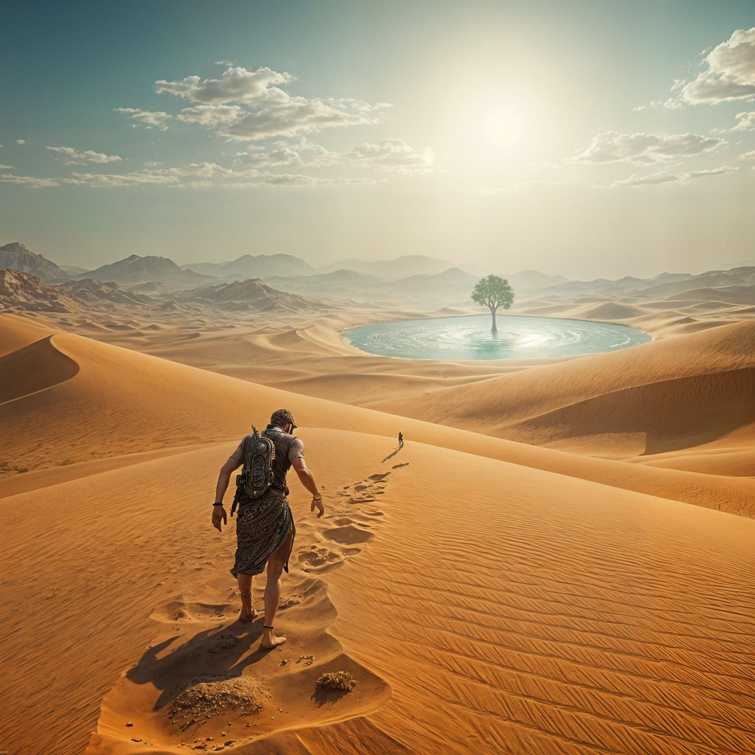 A lone figure crawls through a desert towards a shimmering oasis, hallucinating. Medium shot. Digital painting, reminiscent of surrealism. T...