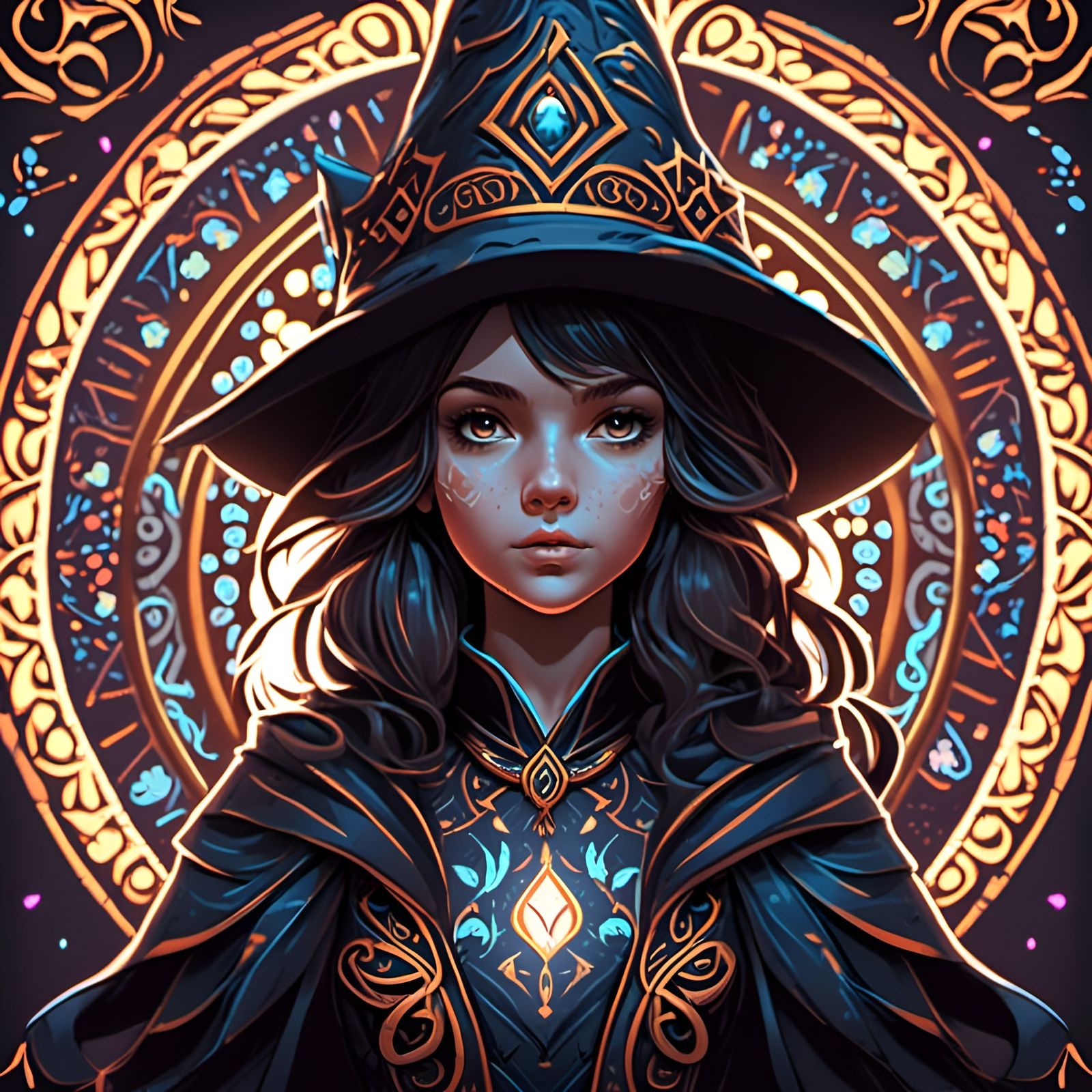 <lora:E Black 03:1.0> Portrait of a Charming Little Sorceress, linework ornament, patterns, completely black background, concept art 8K