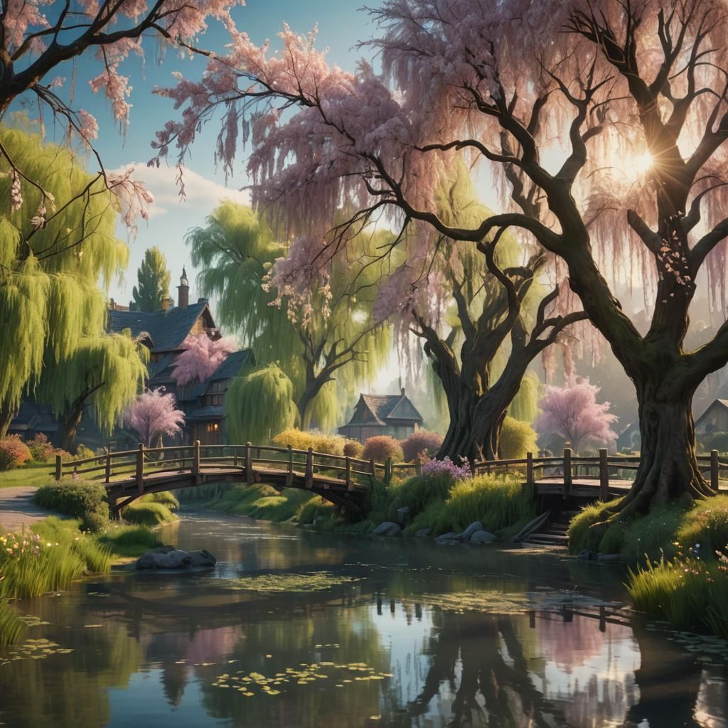 Village by River with Bridge in Oil Painting Style
