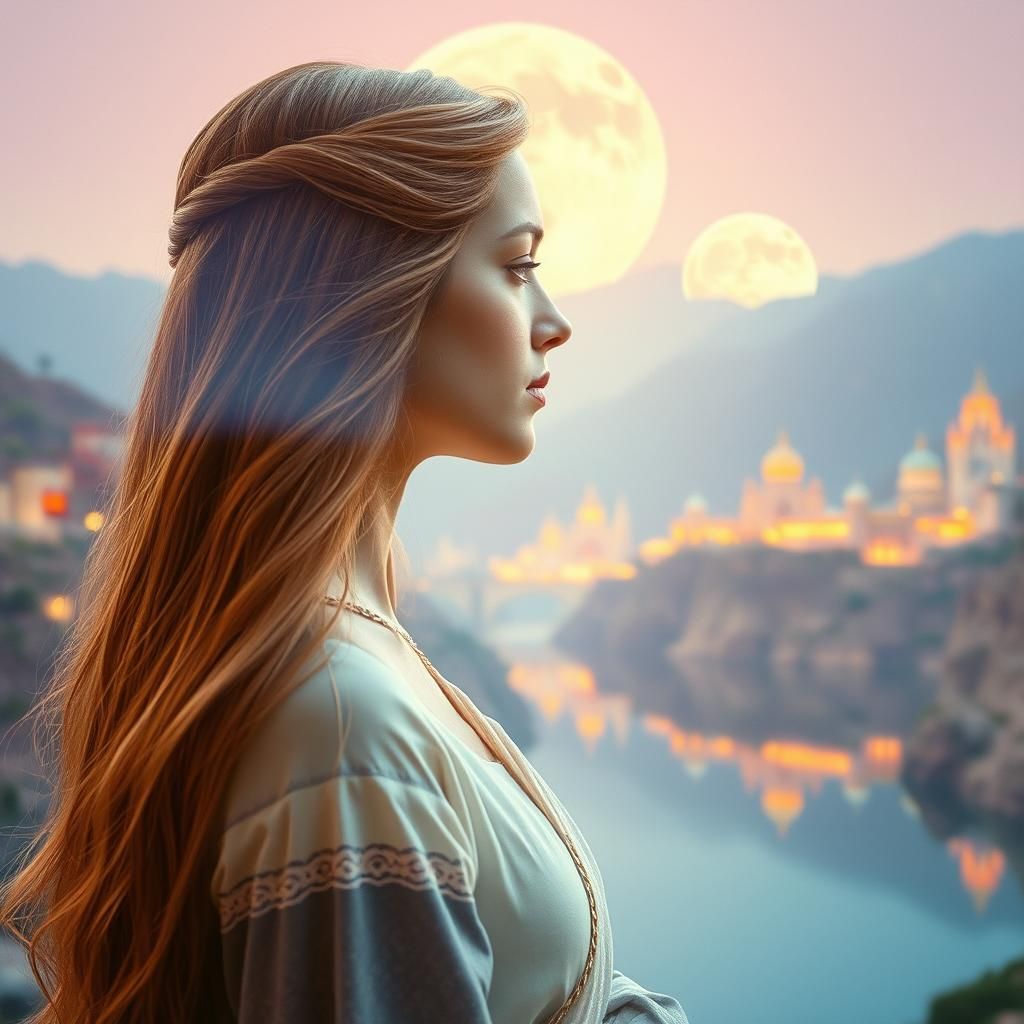 Goddess Portrait Blended with Dreamlike Landscape
