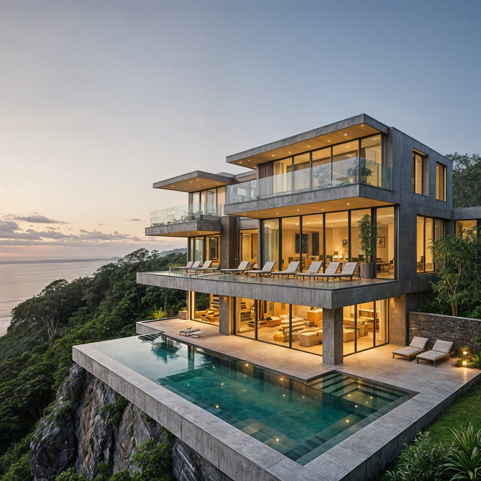 
"Front view of the same modern luxury hillside villa built into a rocky mountain, with an underground driveway tunnel that cuts through the...