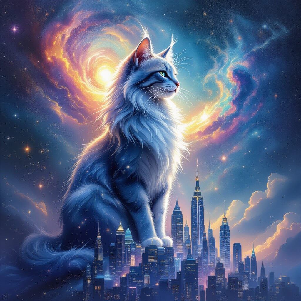 A majestic feline figure, sculpted from stardust and nebulae, stands as a guardian over a miniature, glittering city. The city below is rend...