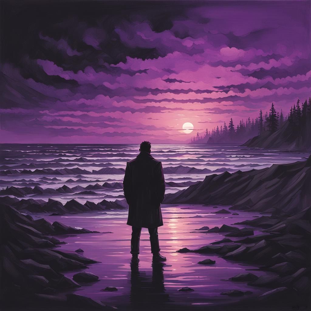 Man standing alone on a beach with a purple sunset behind hi...