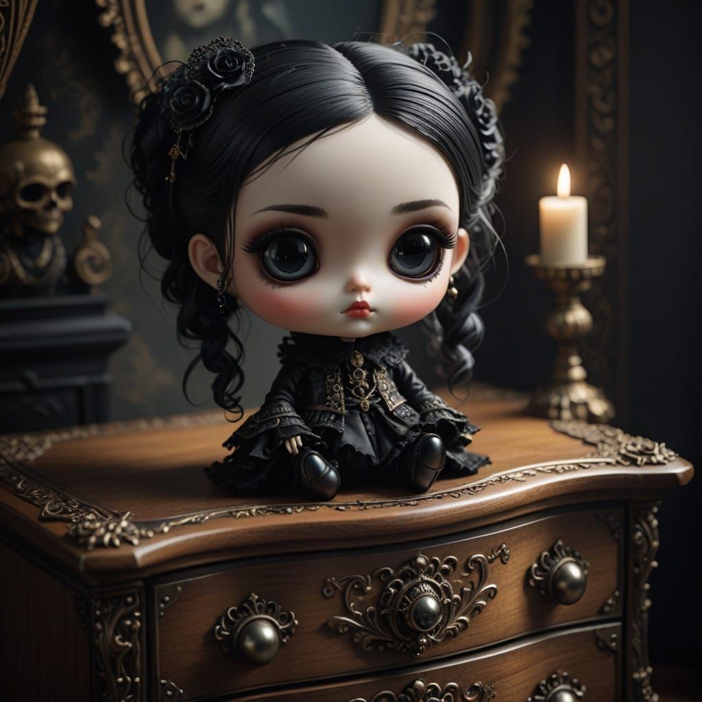 Gothic Chibi Doll Surrounded by Opulent Dark Wood