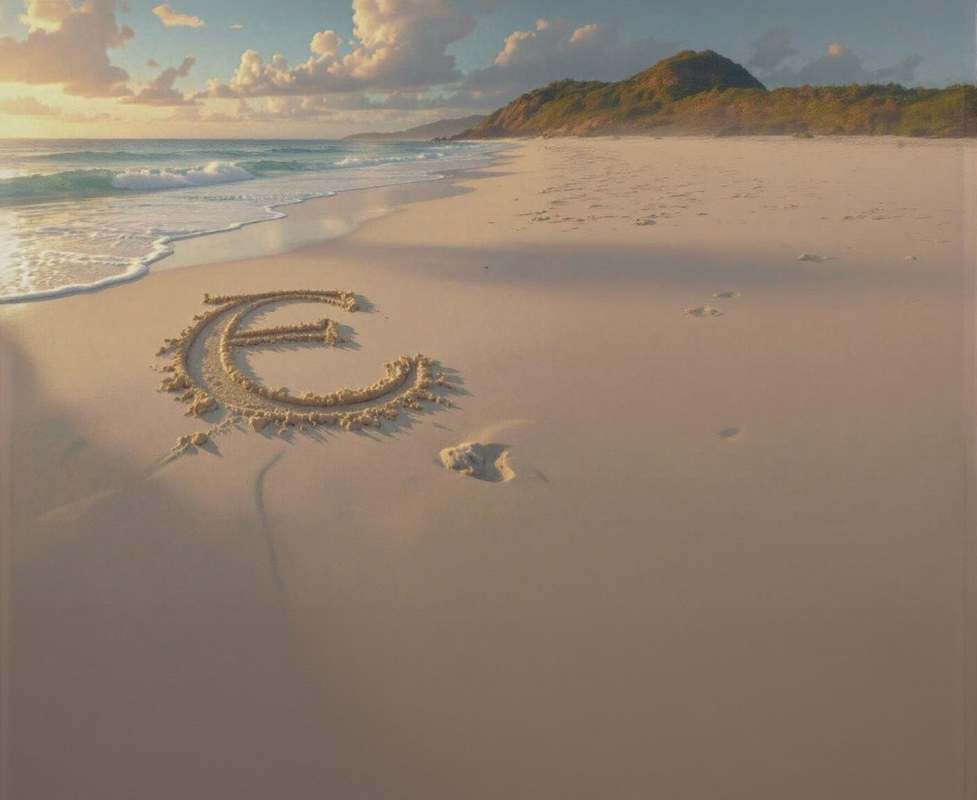 חוף ים שעל חולו חרוט האות E 