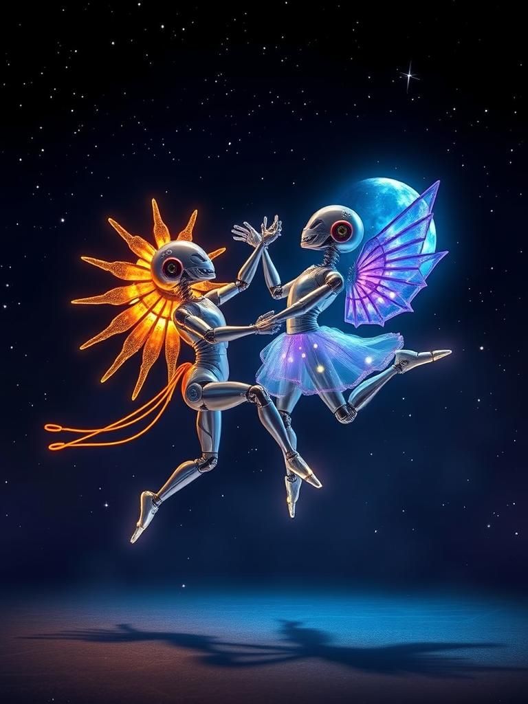 sun and moon robots dancing together AI Generated Artwork NightCafe