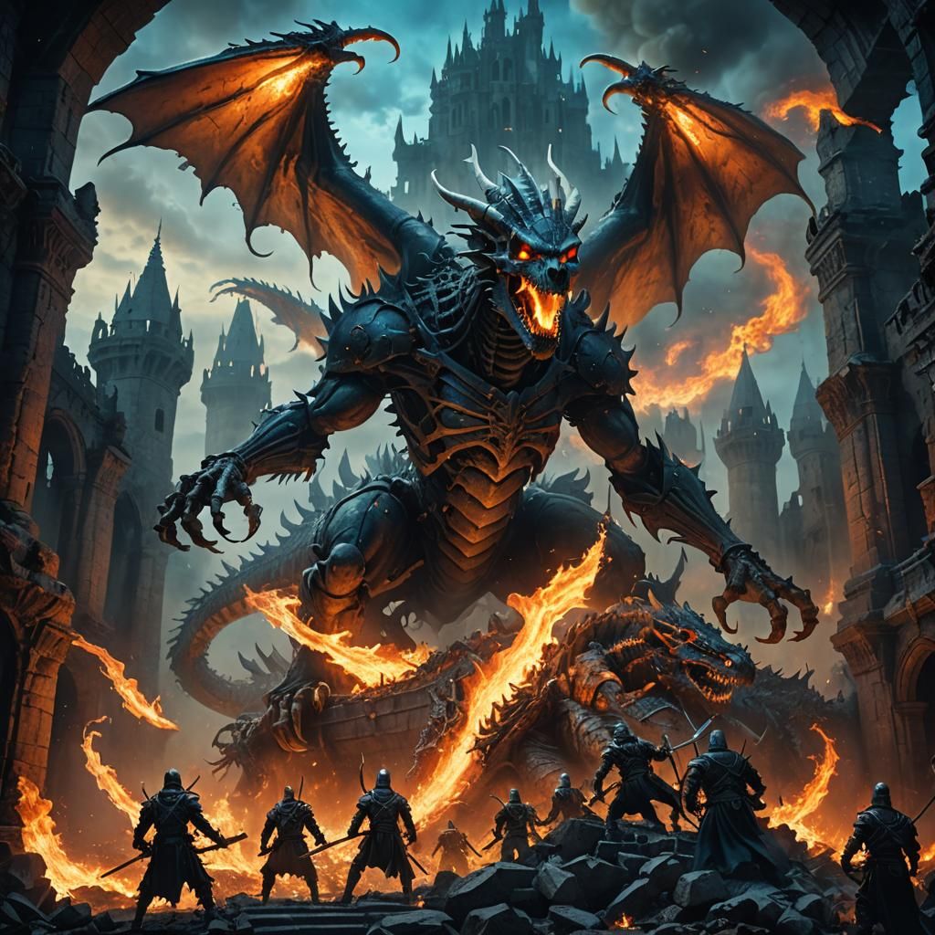 Flaming Skeleton army fighting dragon 