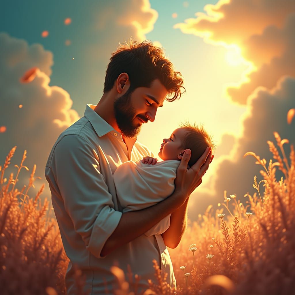 Father and Newborn Baby in Dreamlike Illustration