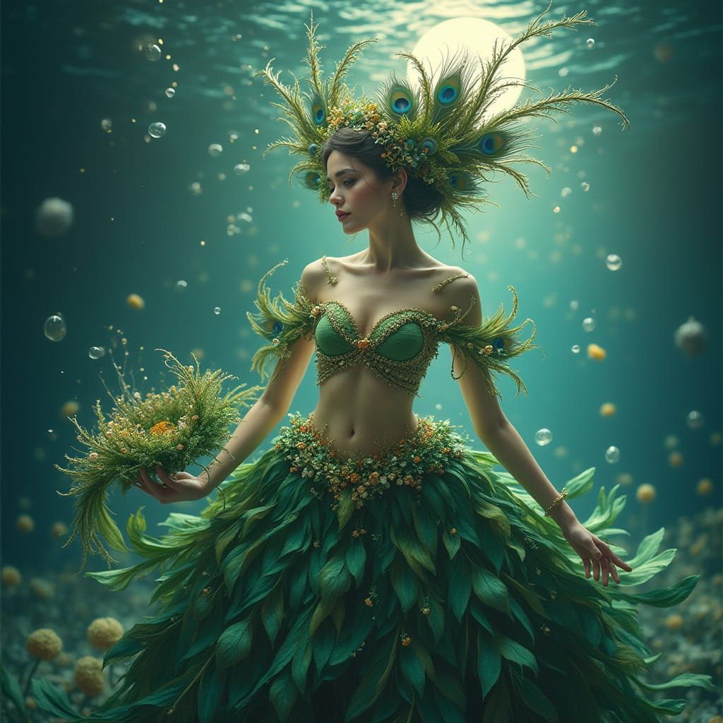 A vibrant, fantasy-style illustration of a regal figure adorned in an elaborate costume inspired by nature. The character wears a crown of p...