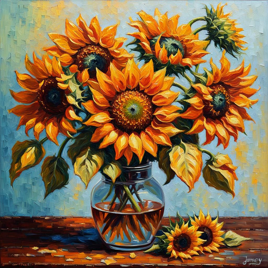 Vibrant floral art. Medium shot. Bright rust sunflowers in a bouquet on a wooden table. Medium shot. Oil painting with thick brushstrokes by...