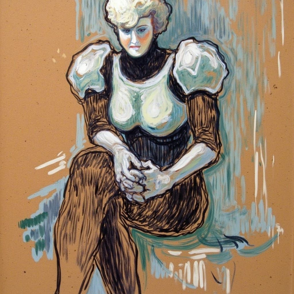 A painting in the style of <lora:Lautrec:1.0> of a umami-looking robot sitting for a portrait 