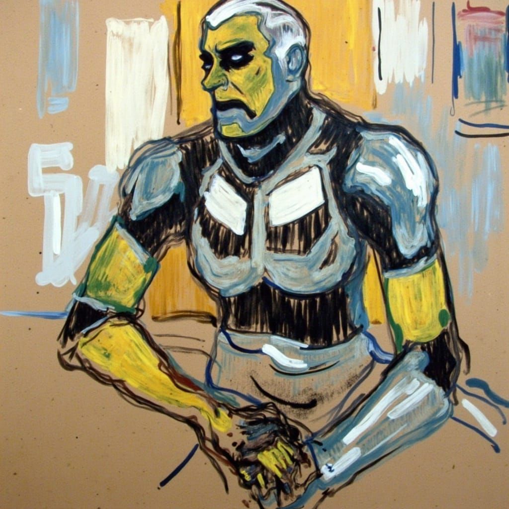 A painting in the style of <lora:Lautrec:1.0> of a umami-looking robot sitting for a portrait 