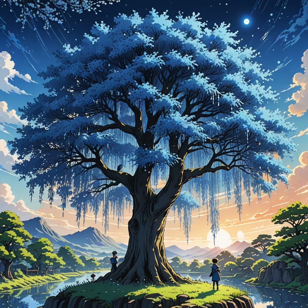 A huge willow by artist "anime", Anime Key Visual, Japanese Manga, Pixiv, Zerochan, Anime art, Fantia ...  by @Eden White