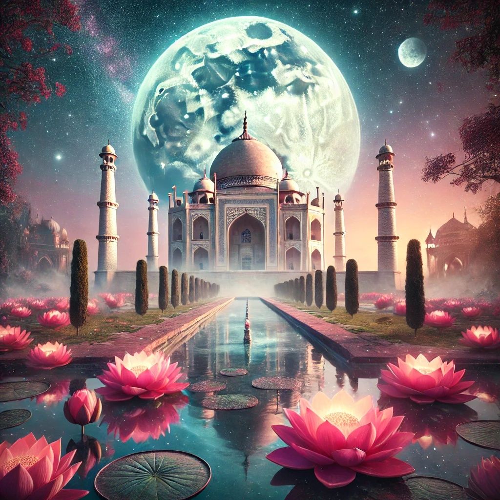 Taj Mahal Glows Under A Majestic Full Moon | DALL-E 3 AI ima...