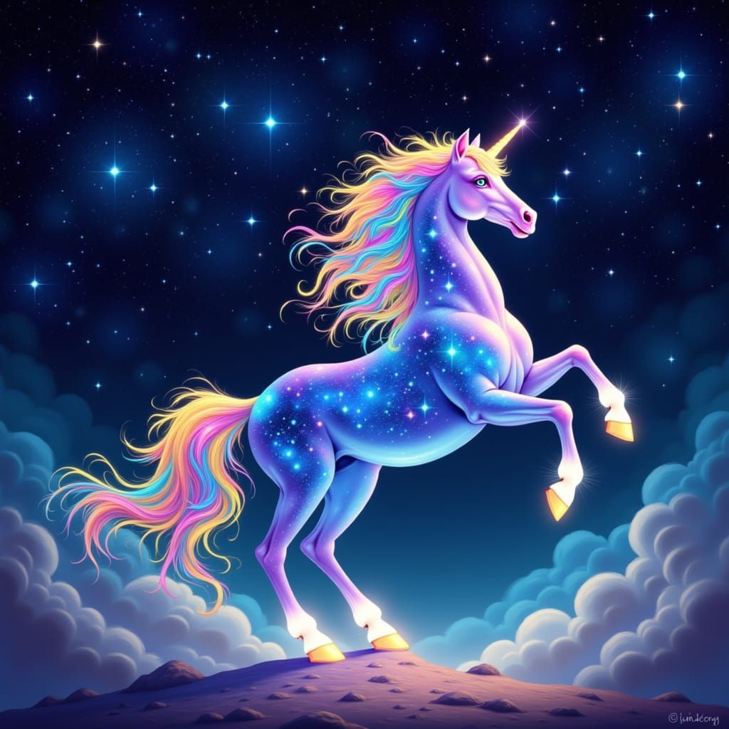 Cosmic Horse Gallops Through Starry Night in Rainbow Mane
