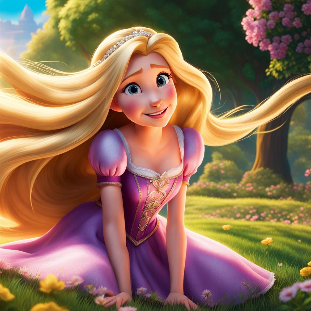 A Cinematic Shot Of Disney's Princess Rapunzel Playing On The Grass 