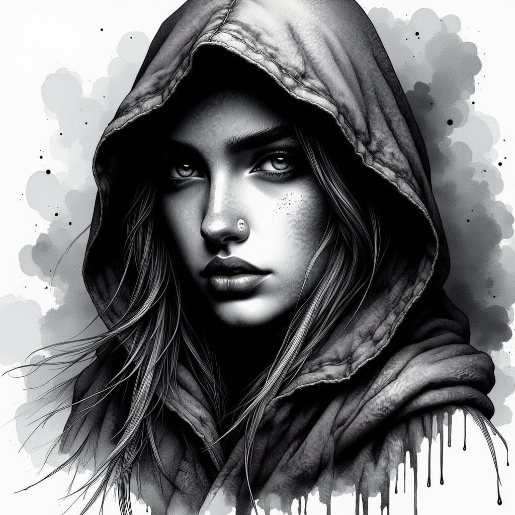 <lora:HRH-moody-inks:1.0>  hyper detailed, ink and watercolour, a moody, beautiful mysterious hooded woman portrait, high definition, 4k, ou...