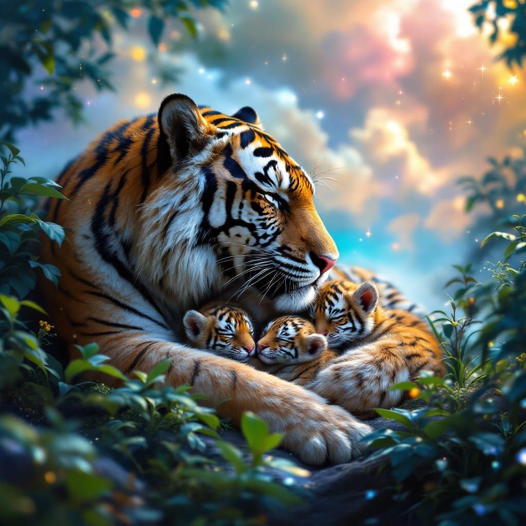 Drawing, color pen. A serene sabertooth tiger mom, amidst a lush green jungle, tenderly wraps her body ...  by @Ladykardasi