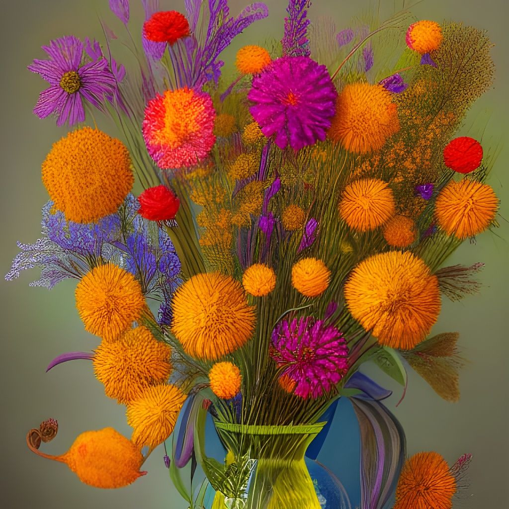 Dried flowers in a vase, hyper detailed, dedicated, complimentary colors digital art maximalism oil on ... undefined