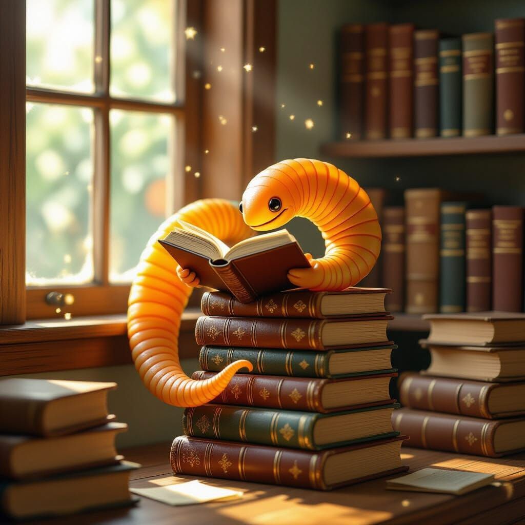 Worm Reads Book on Antique Tomes in Storybook Style