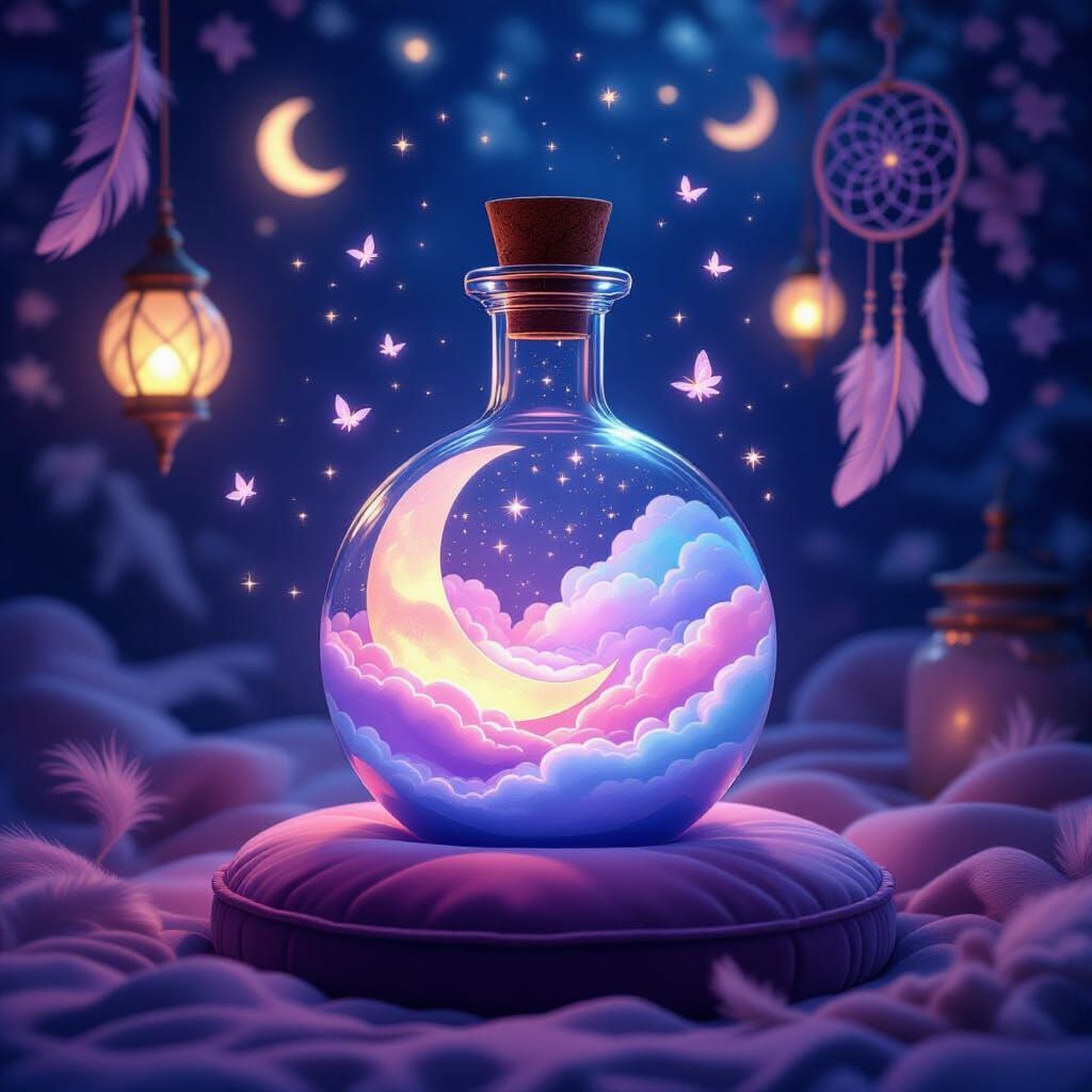 The Dreamweaver’s Slumber Tonic flask rests on a velvet cushion.