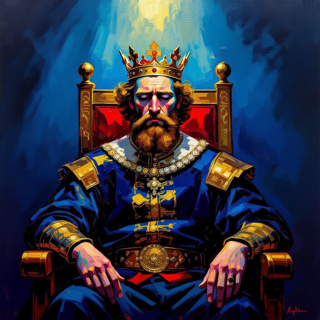 King on Throne Oil Painting with Regal Sorrow