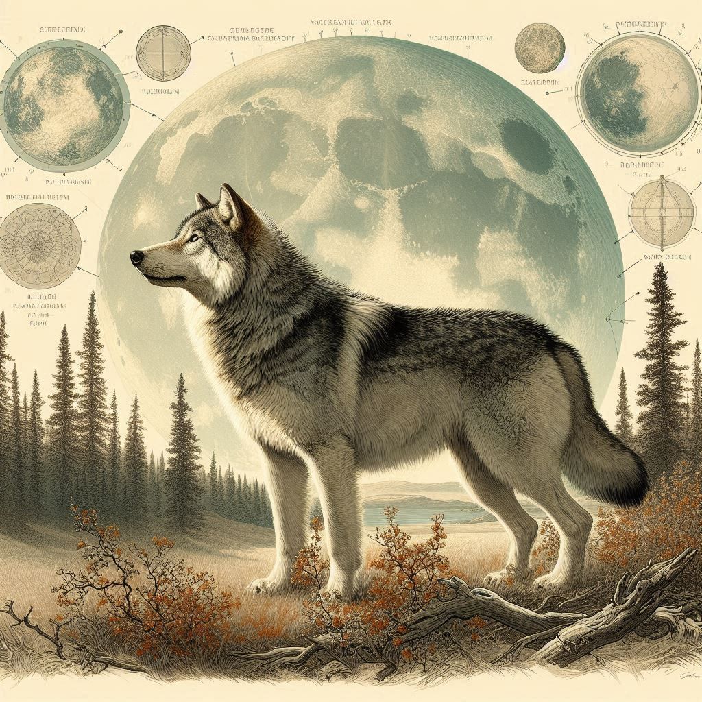 scientific journal style illustration of a Grey Wolf - Taiga, James Audubon