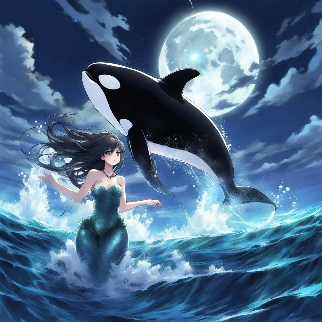 mermaid flying in air, water spray, dark, full moon, orca be...