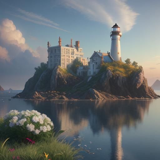 lighthouse in a utopian futuristic city of flowers