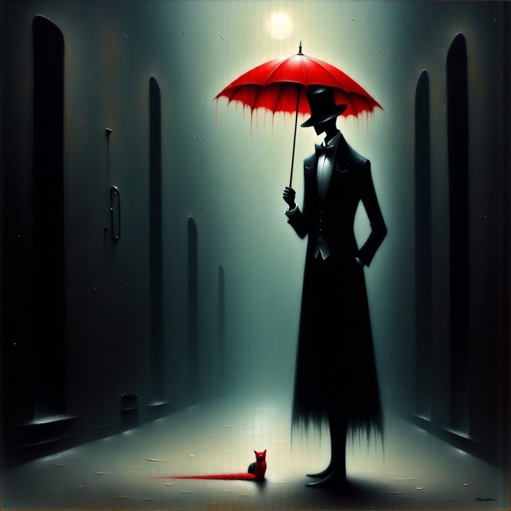 <lora:Black Theater:1.0>Der Schattenmann mit dem roten Schirm 