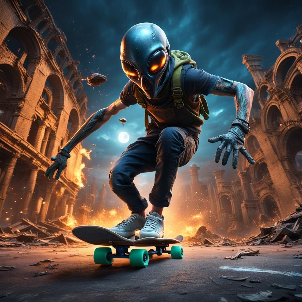 Alien Skateboarder, doing tricks, in the Post apocalypse, at...